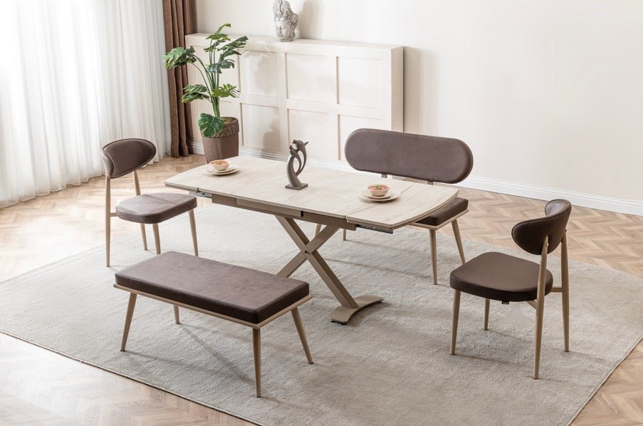 Veratti Mobilya Verattı Lazio Traverten Doğal Dokulu Genişleyebilen Lüks Yemek Masası Takımı