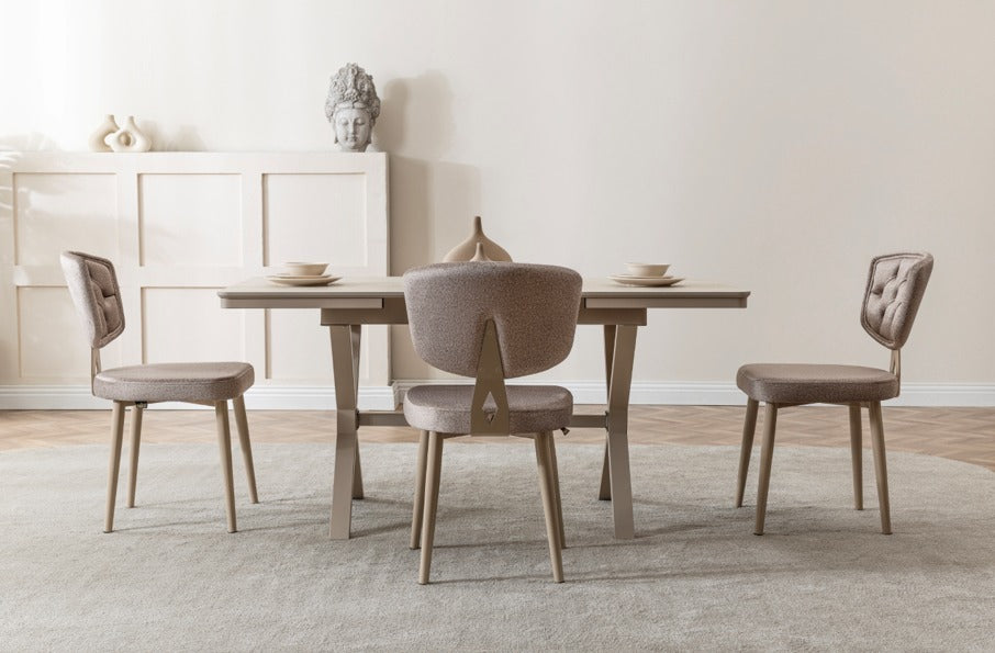 Verattı Liva Traverten Doğal Dokulu Kompakt ve Açılabilir Lüks Yemek Masası Takımı