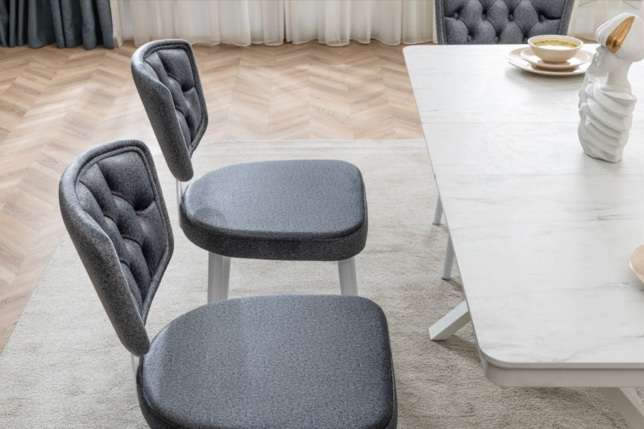 Verattı Liva Marmo Mermer Dokulu Kompakt ve Açılabilir Lüks Yemek Masası Takımı