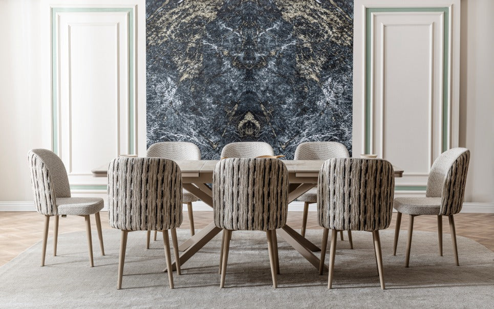 Verattı Atlas Traverten Doğal Dokulu Ekstra Geniş Açılabilir Lüks Yemek Masası Takımı