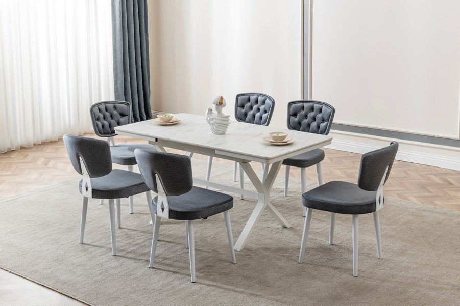 Veratti Mobilya Verattı Liva Marmo Mermer Dokulu Kompakt ve Açılabilir Lüks Yemek Masası Takımı