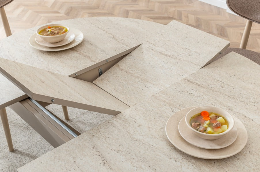 Verattı Luna Traverten Doğal Dokulu Açılabilir Lüks Kare Yemek Masası Takımı