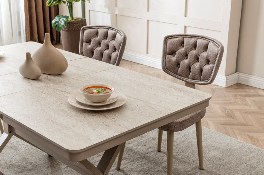 Verattı Liva Traverten Doğal Dokulu Kompakt ve Açılabilir Lüks Yemek Masası Takımı