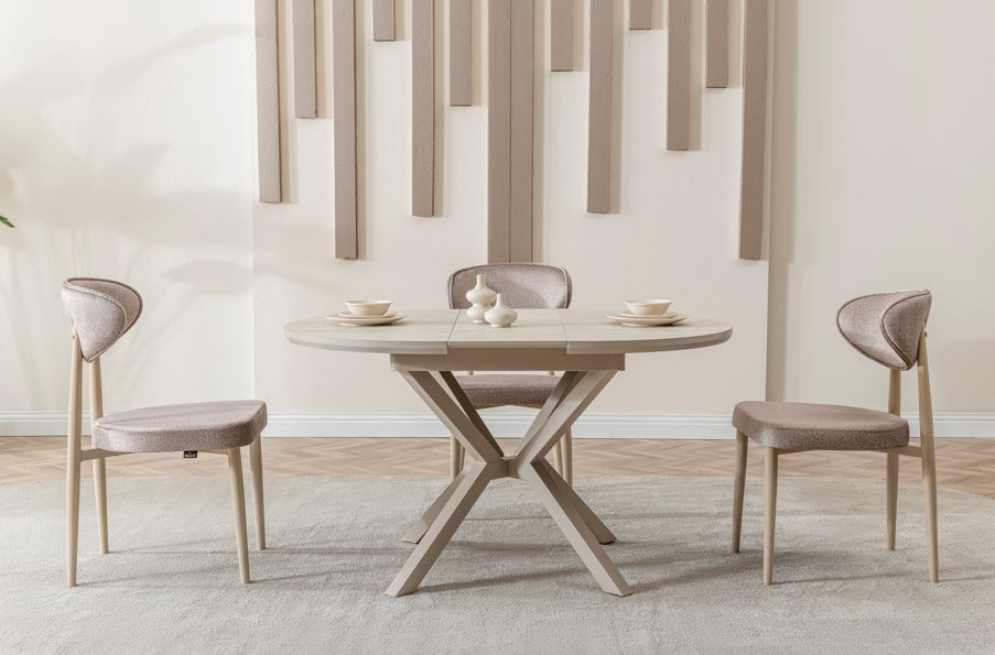 Verattı Luna Traverten Doğal Dokulu Açılabilir Lüks Kare Yemek Masası Takımı