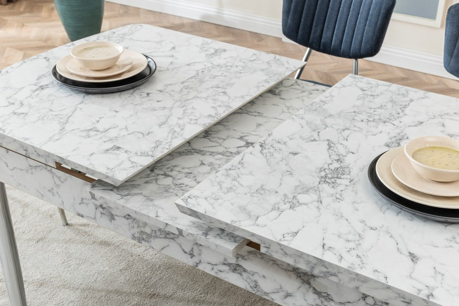 Verattı Pera Carrara Mermer Dokulu Açılabilir Lüks Yemek Masası Takımı