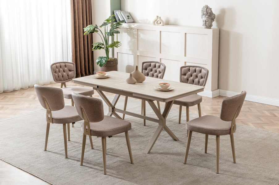 Verattı Liva Traverten Doğal Dokulu Kompakt ve Açılabilir Lüks Yemek Masası Takımı