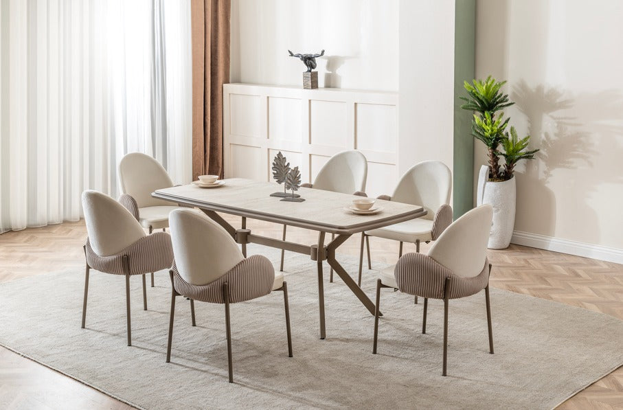 Verattı Madrid Traverten Dokulu Lüks Yemek Masası Takımı