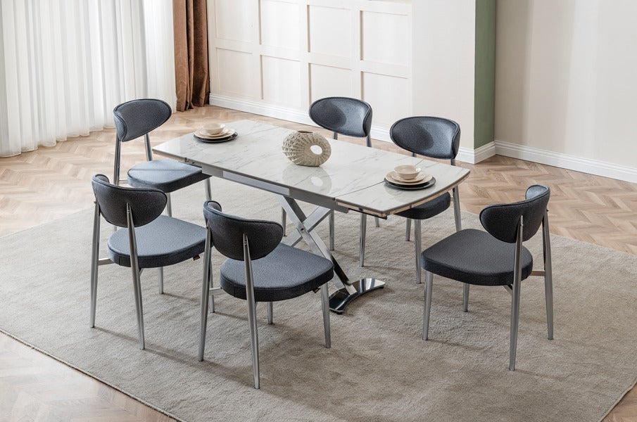 Veratti Mobilya Verattı Gala Marmo Mermer Dokulu Kompakt ve Açılabilir Lüks Yemek Masası Takımı