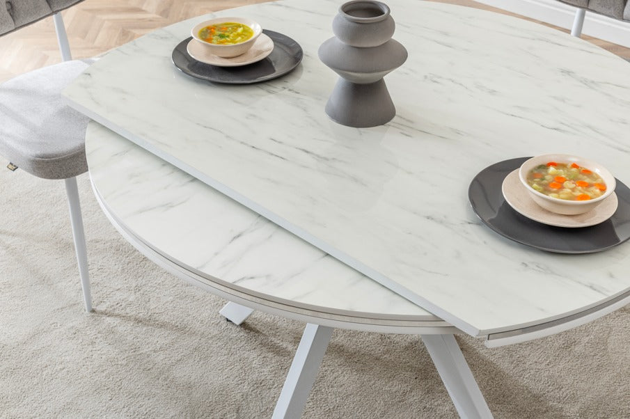Verattı Royal Marmo Mermer Dokulu Açılabilir Lüks Yemek Masası Takımı