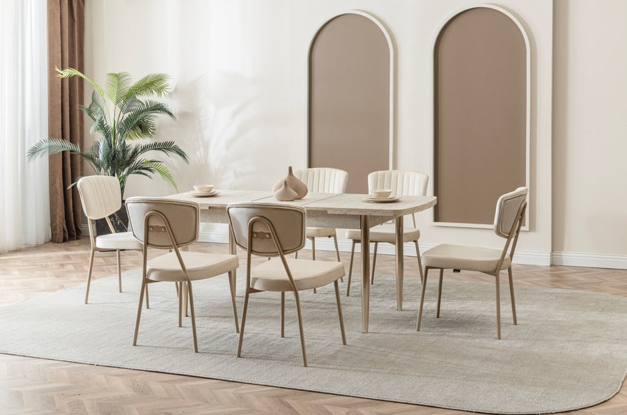 Verattı Pera Traverten Doğal Dokulu Açılabilir Lüks Yemek Masası Takımı