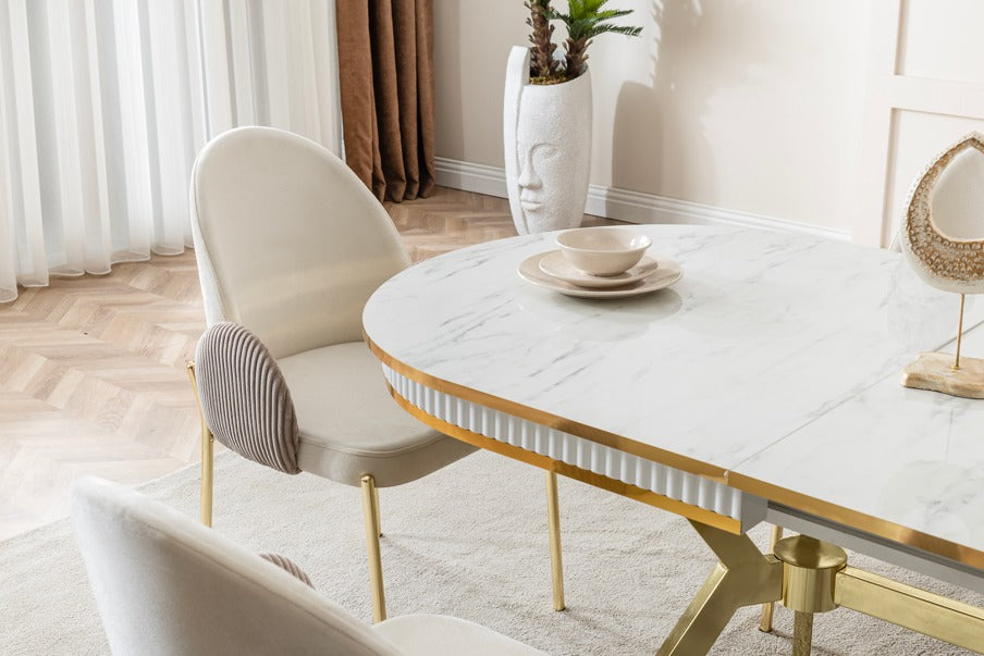 Verattı Roma Marmo Mermer Dokulu Açılabilir Lüks Yemek Masası Takımı