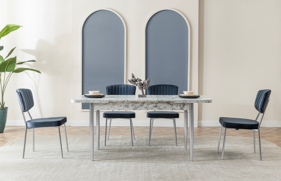 Verattı Pera Carrara Mermer Dokulu Açılabilir Lüks Yemek Masası Takımı