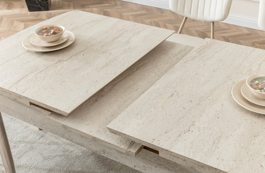 Verattı Pera Traverten Doğal Dokulu Açılabilir Lüks Yemek Masası Takımı