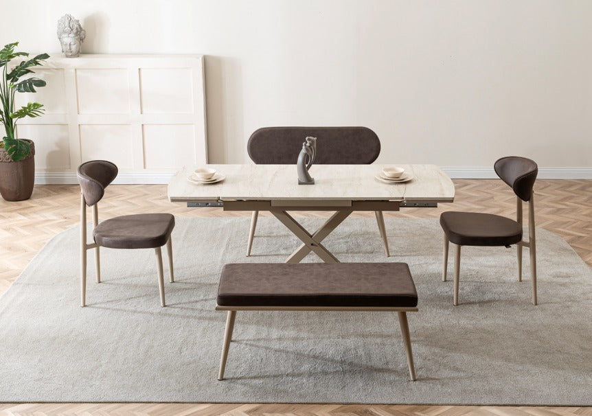 Veratti Mobilya Verattı Lazio Traverten Doğal Dokulu Genişleyebilen Lüks Yemek Masası Takımı