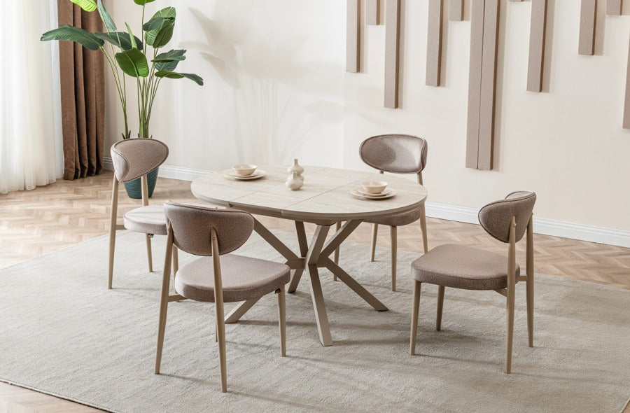 Verattı Luna Traverten Doğal Dokulu Açılabilir Lüks Kare Yemek Masası Takımı