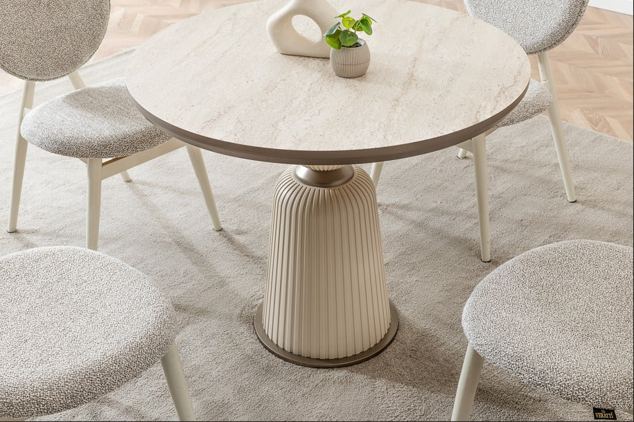 Verattı Rio Traverten Doğal Dokulu Kompakt Lüks Kare Yemek Masası Takımı (90x90 cm)