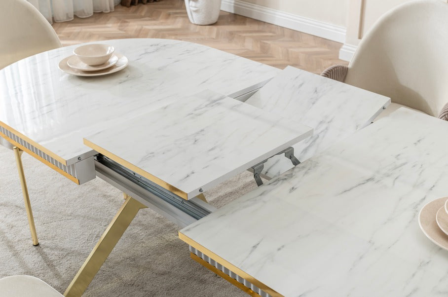 Verattı Roma Marmo Mermer Dokulu Açılabilir Lüks Yemek Masası Takımı