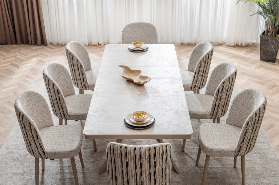 Verattı Atlas Traverten Doğal Dokulu Ekstra Geniş Açılabilir Lüks Yemek Masası Takımı