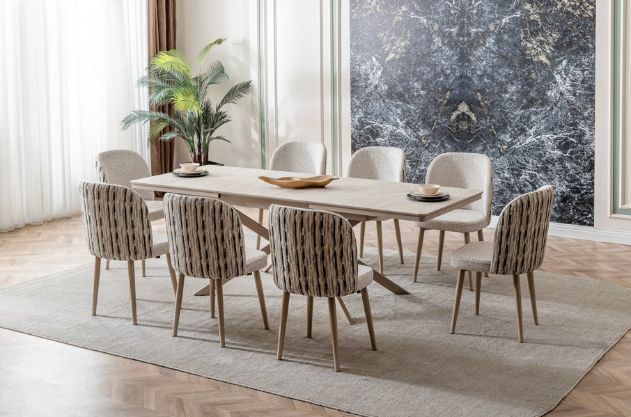 Veratti Mobilya Verattı Atlas Traverten Doğal Dokulu Ekstra Geniş Açılabilir Lüks Yemek Masası Takımı