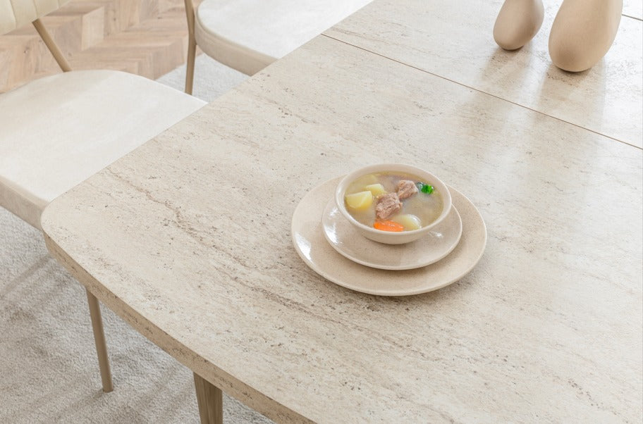 Verattı Pera Traverten Doğal Dokulu Açılabilir Lüks Yemek Masası Takımı