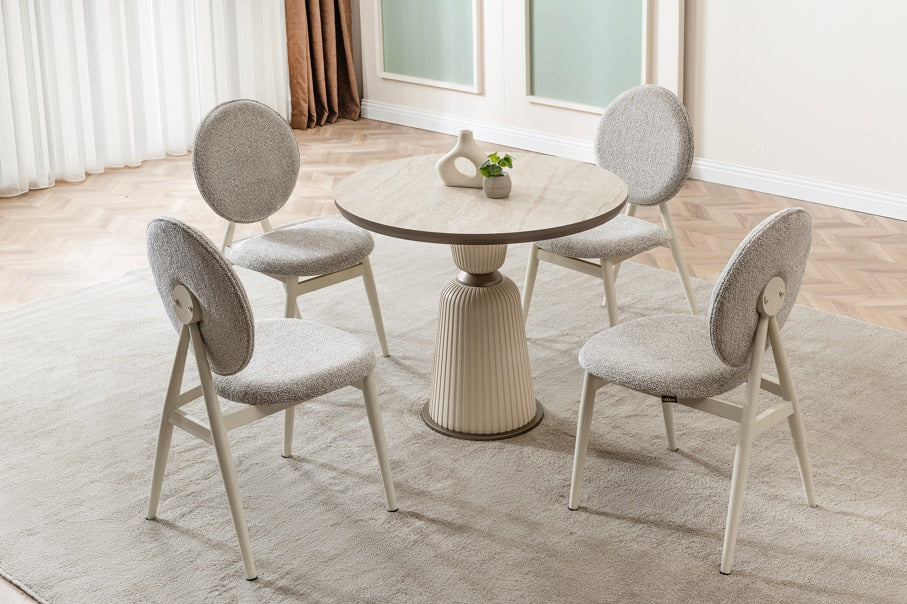 Verattı Rio Traverten Doğal Dokulu Kompakt Lüks Kare Yemek Masası Takımı (90x90 cm)