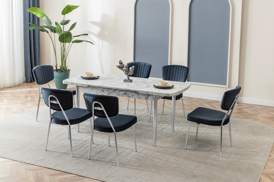 Veratti Mobilya Verattı Pera Carrara Mermer Dokulu Açılabilir Lüks Yemek Masası Takımı