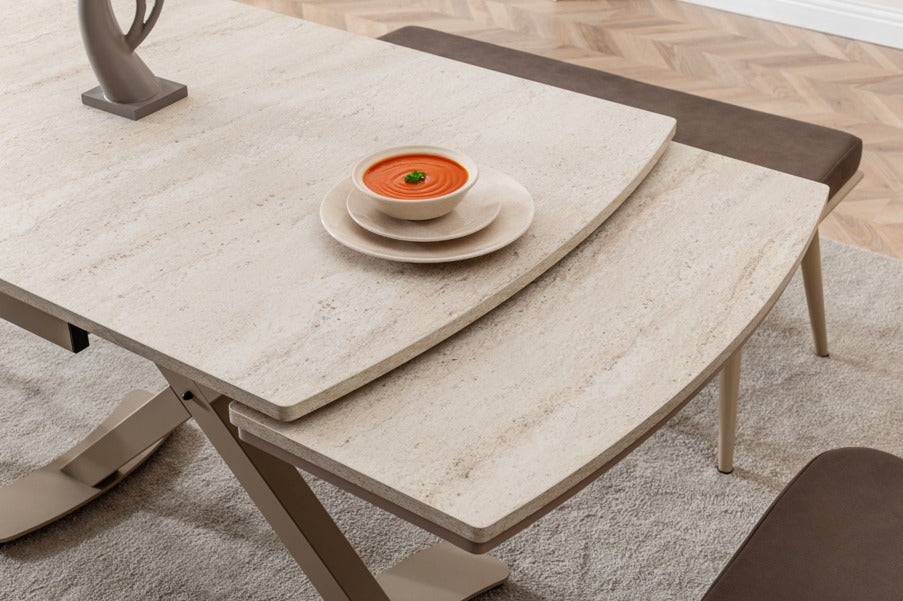 Verattı Lazio Traverten Doğal Dokulu Genişleyebilen Lüks Yemek Masası Takımı