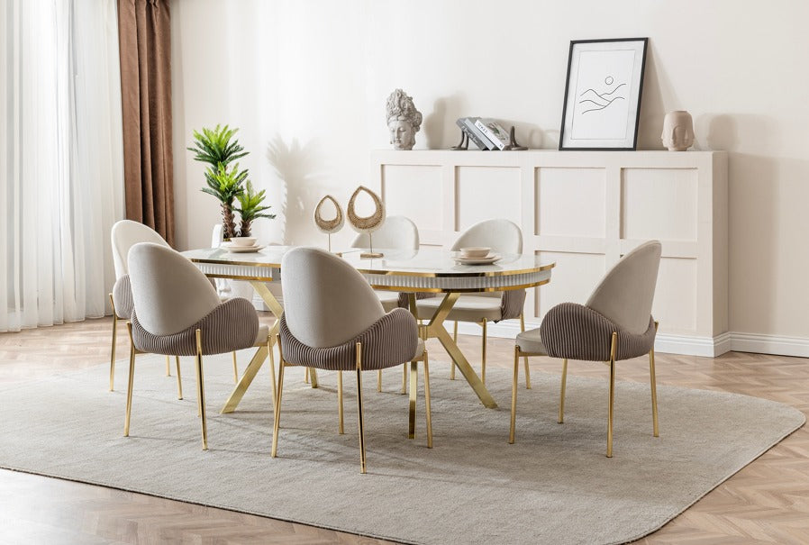 Verattı Roma Marmo Mermer Dokulu Açılabilir Lüks Yemek Masası Takımı